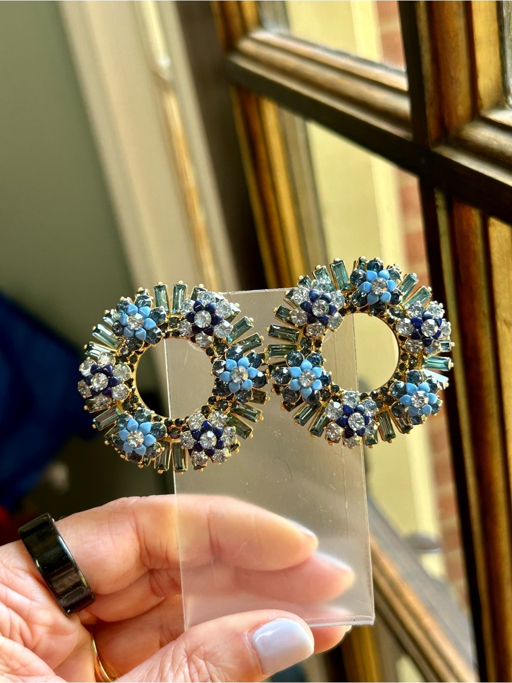 Catwalk Jon Blue Floral Crystal Wreath Statement Earrings